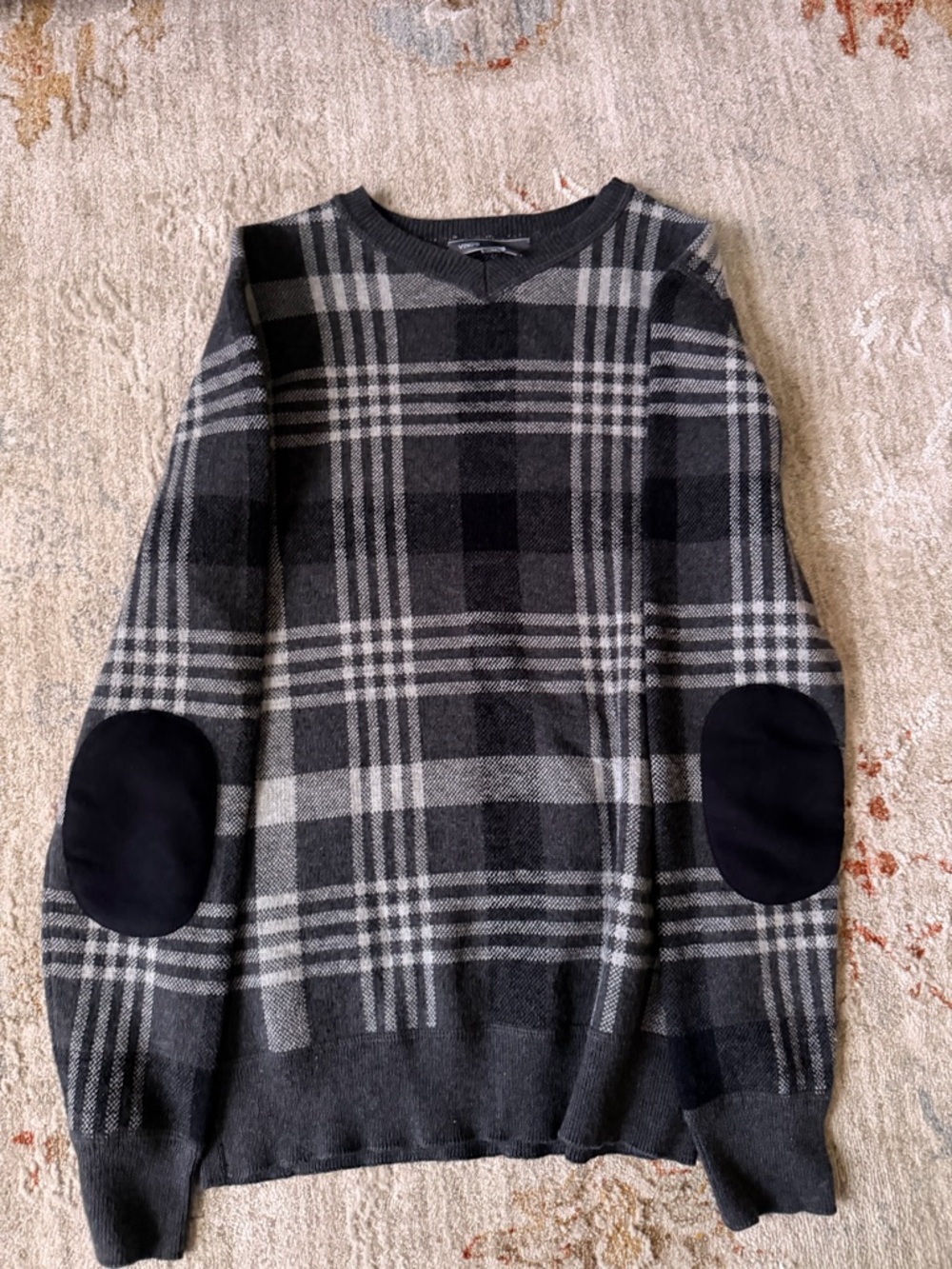 Vince Gray and Black Plaid Crewneck Sweater with Elbow Patches